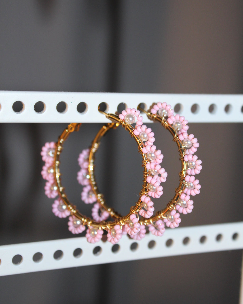 Beaded Hoop Earrings - Pink Flora