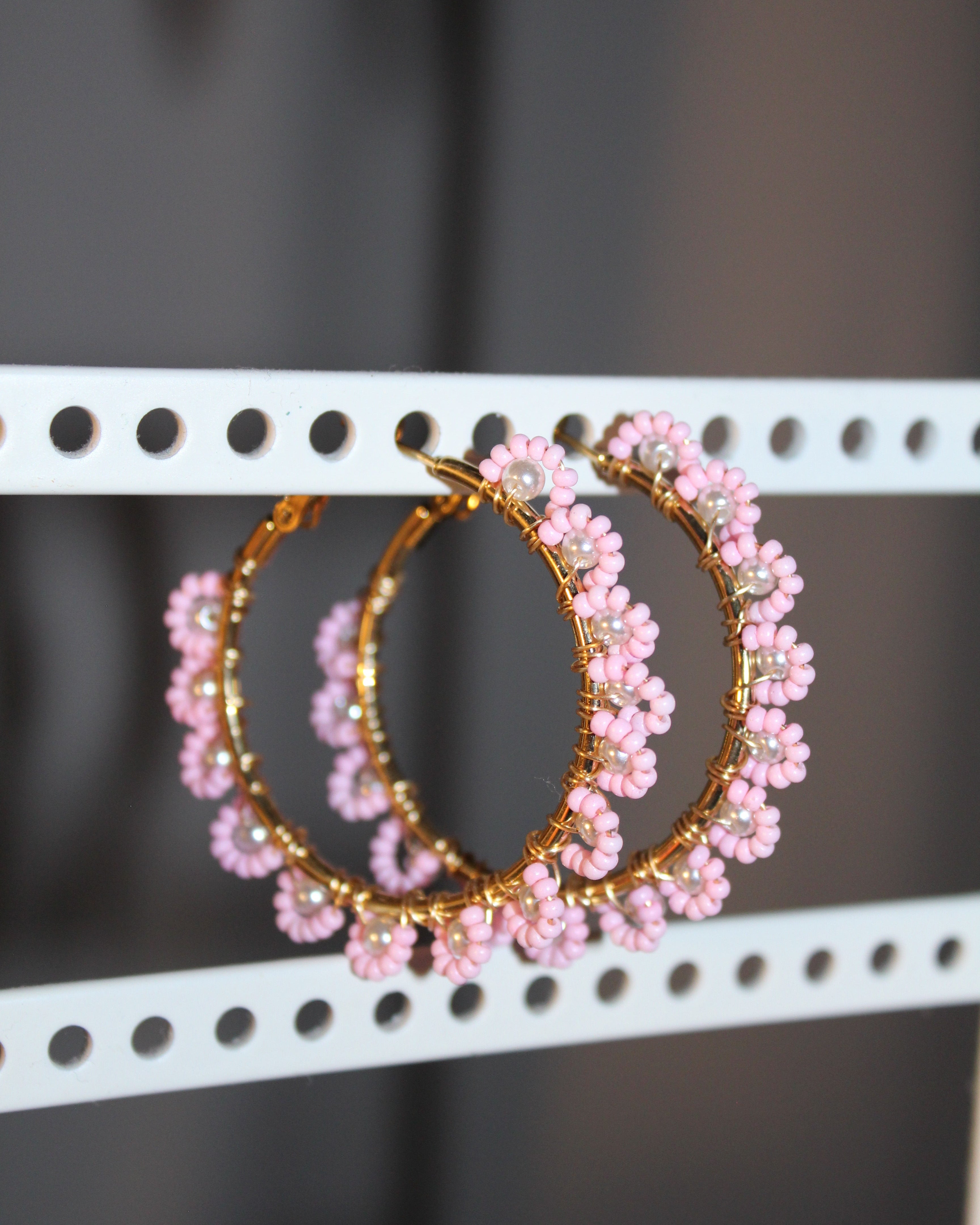 Beaded Hoop Earrings - Pink Flora