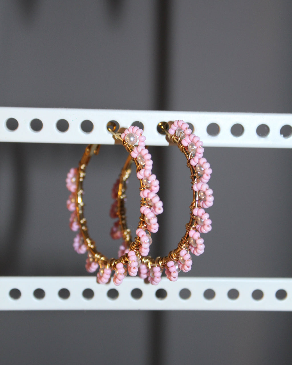 Beaded Hoop Earrings - Pink Flora