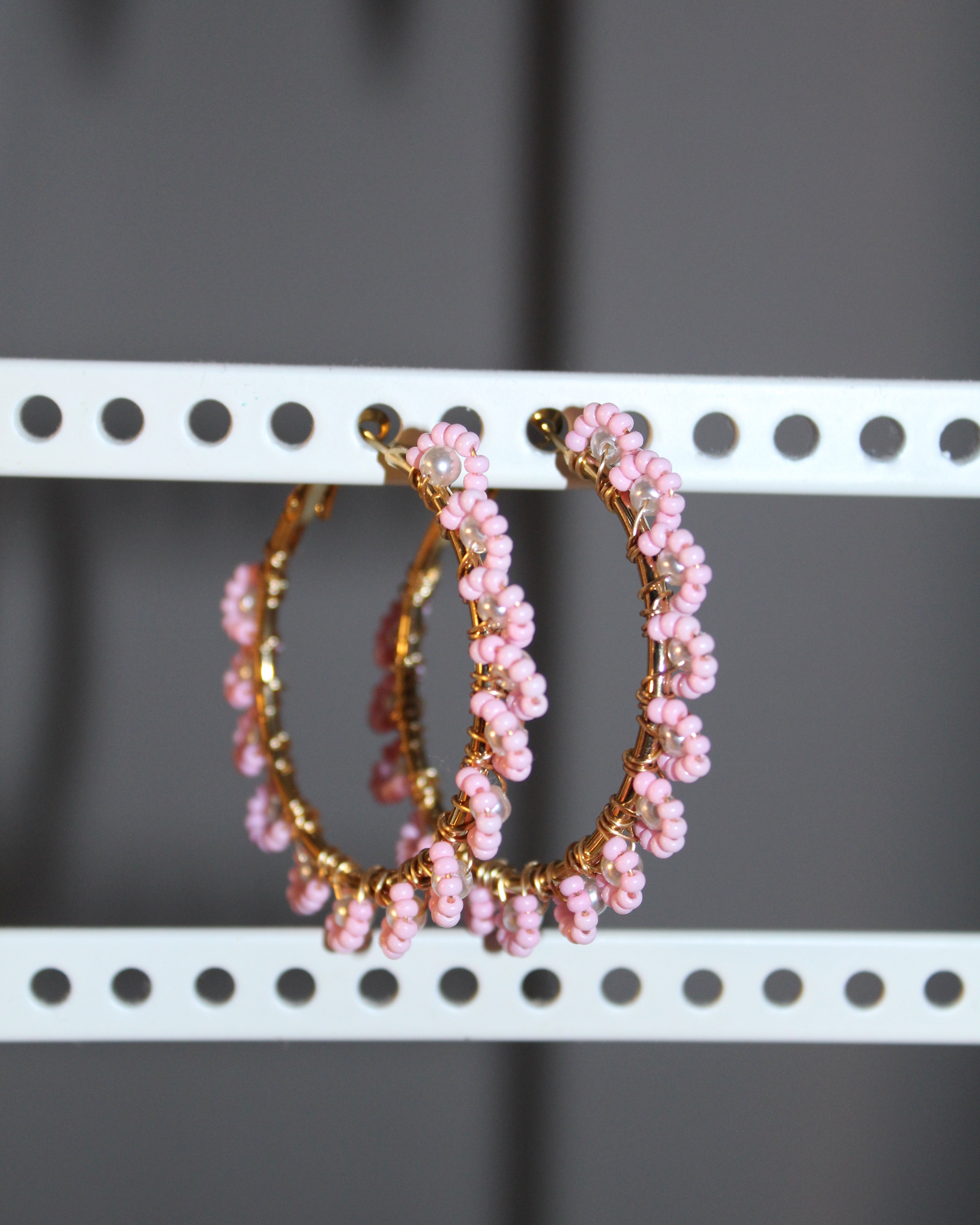Beaded Hoop Earrings - Pink Flora