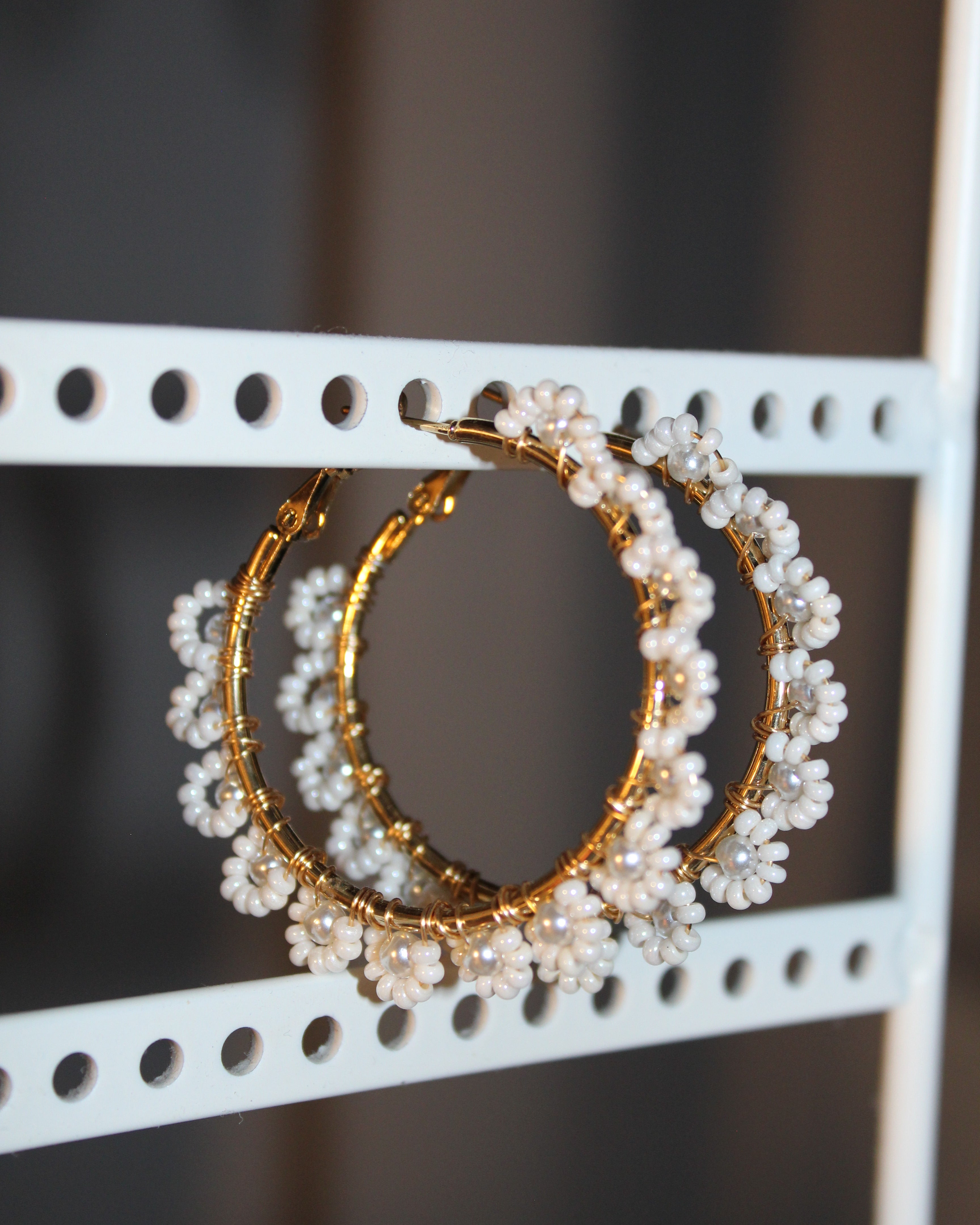 Beaded Hoop Earrings - White Lily