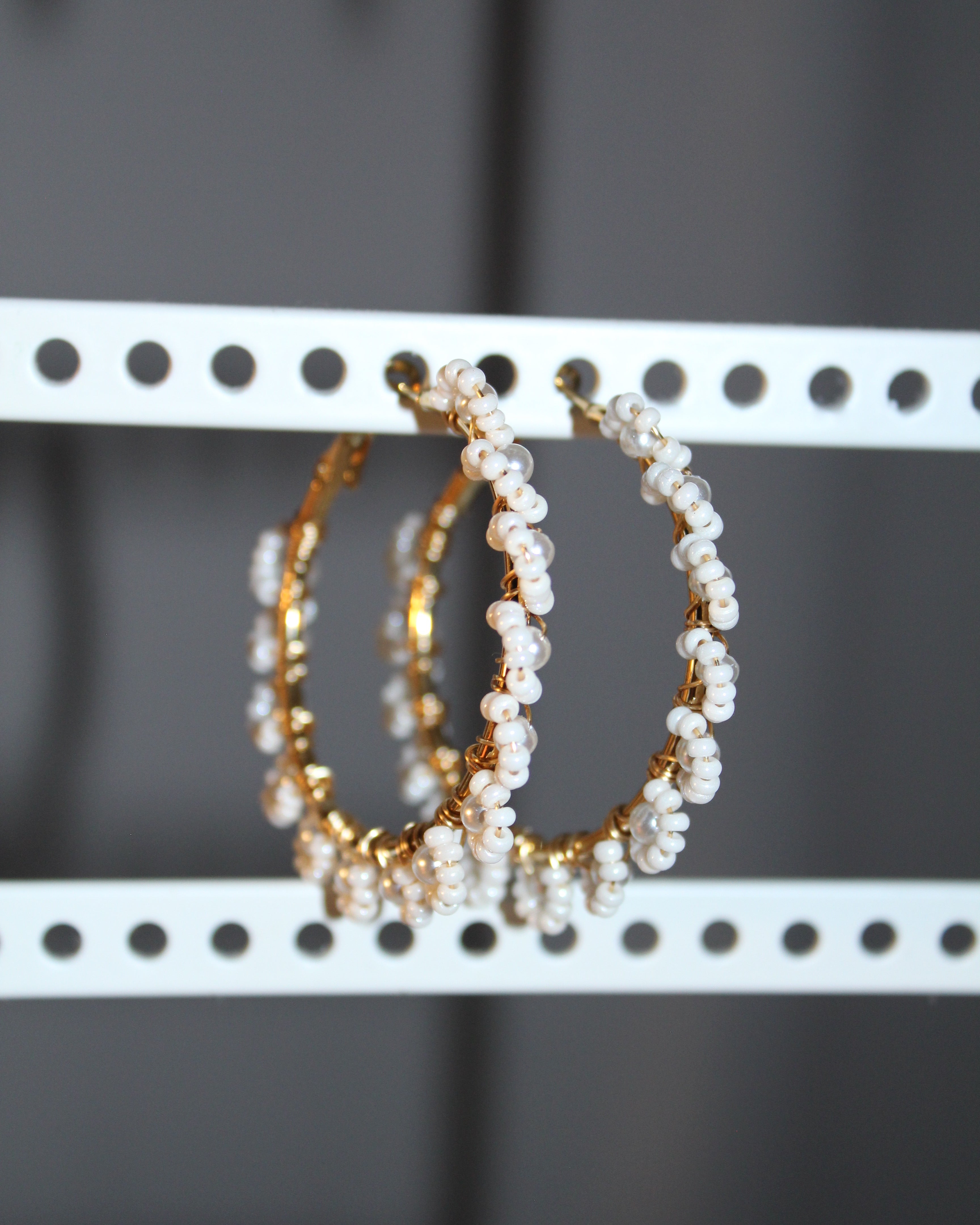 Beaded Hoop Earrings - White Lily