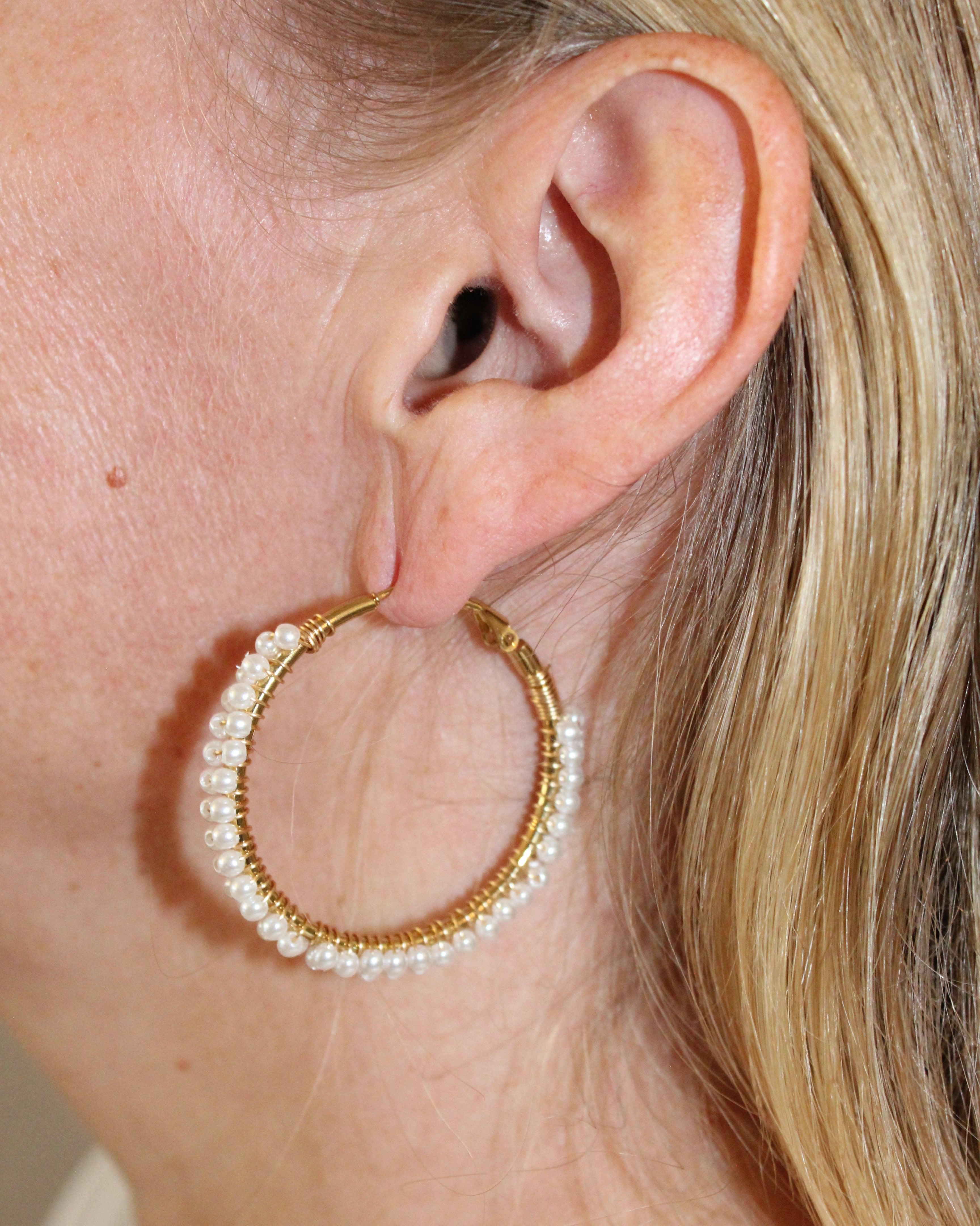Beaded Hoop Earrings - Soft Pearl