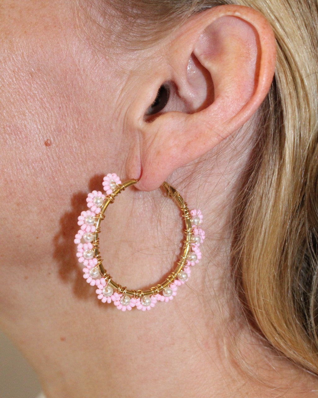 Beaded Hoop Earrings - Pink Flora
