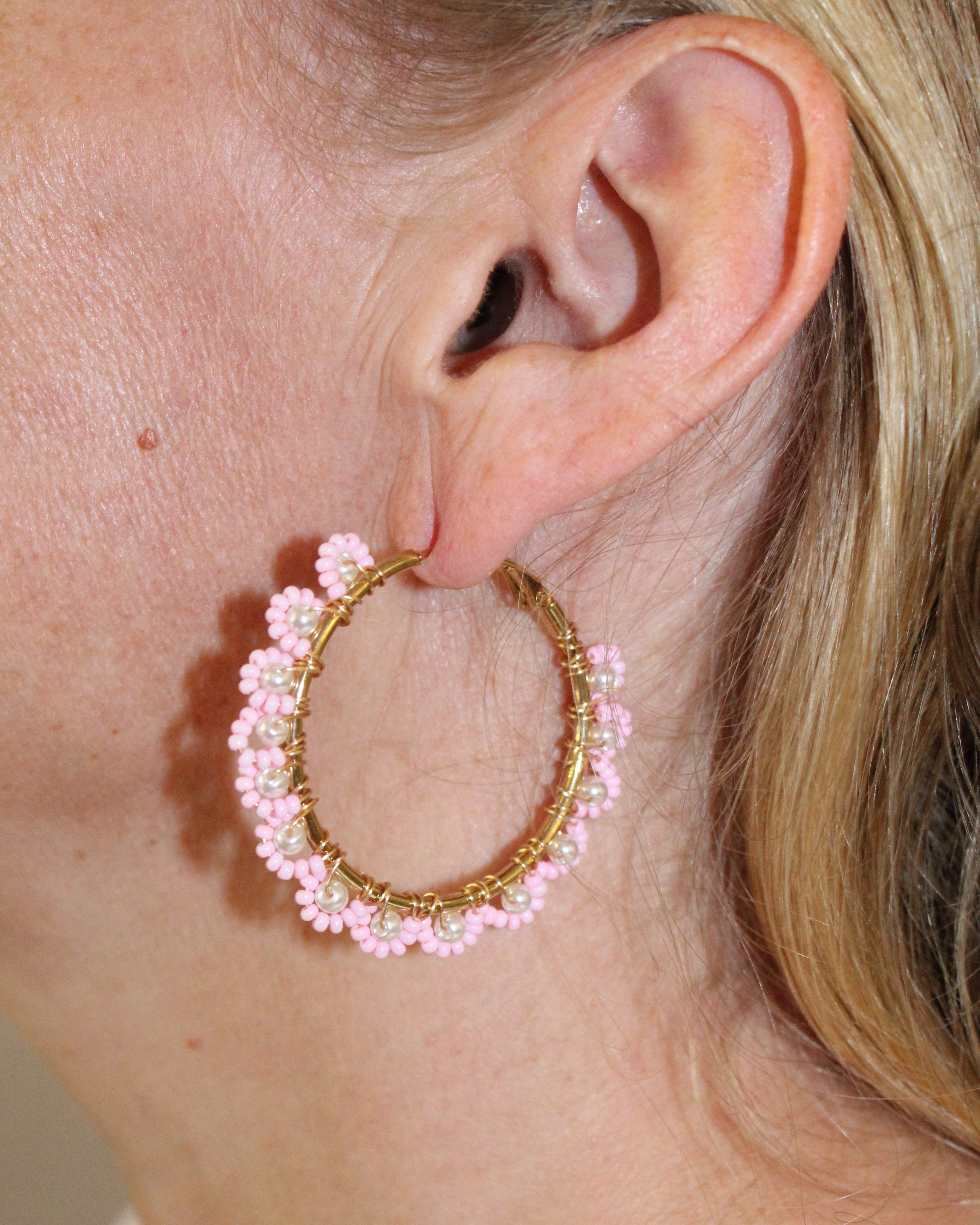 Beaded Hoop Earrings - Pink Flora