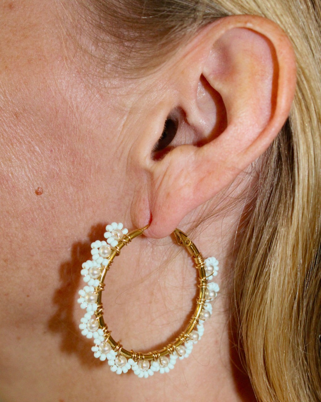 Beaded Hoop Earrings - Aqua Bloom