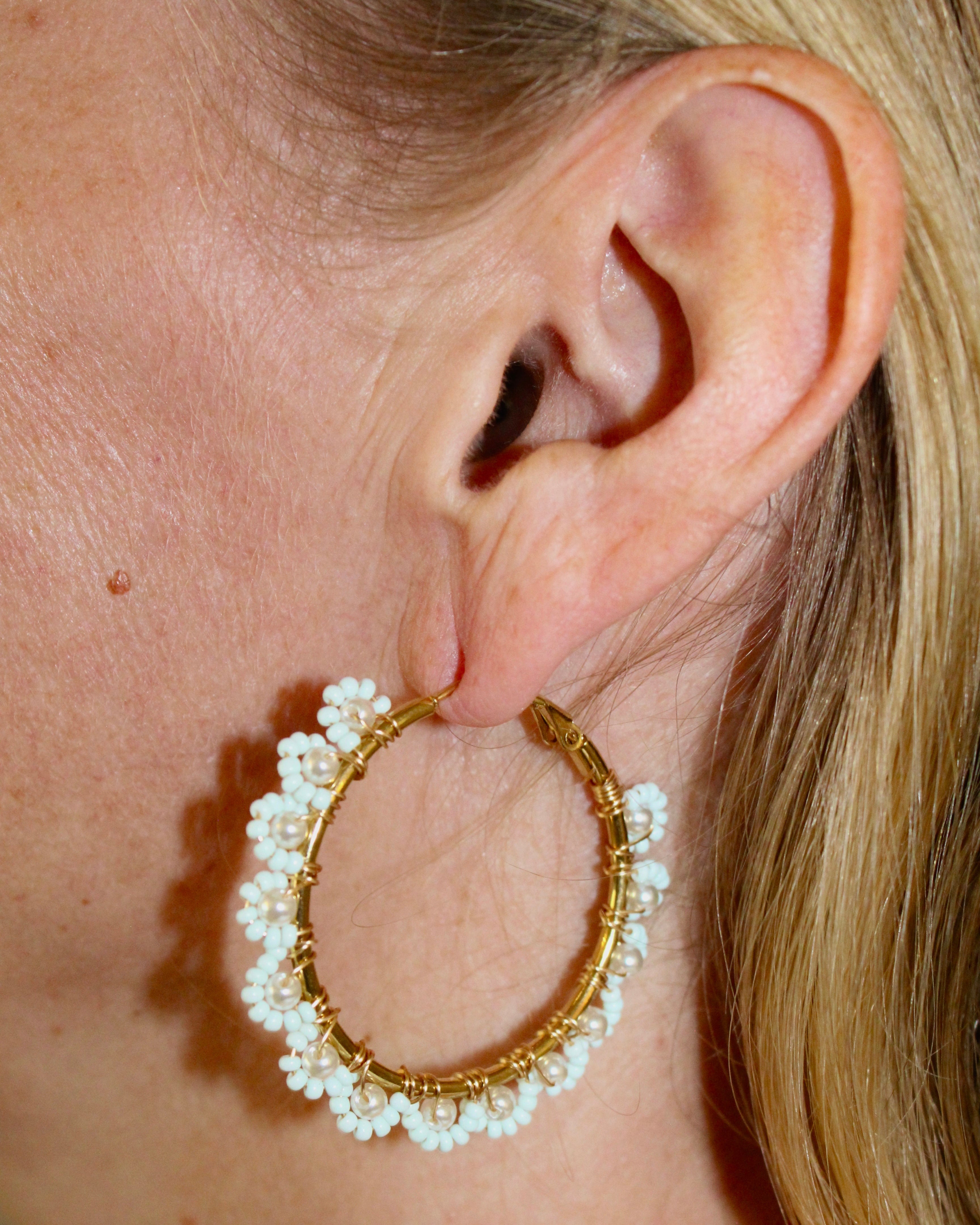 Beaded Hoop Earrings - Aqua Bloom
