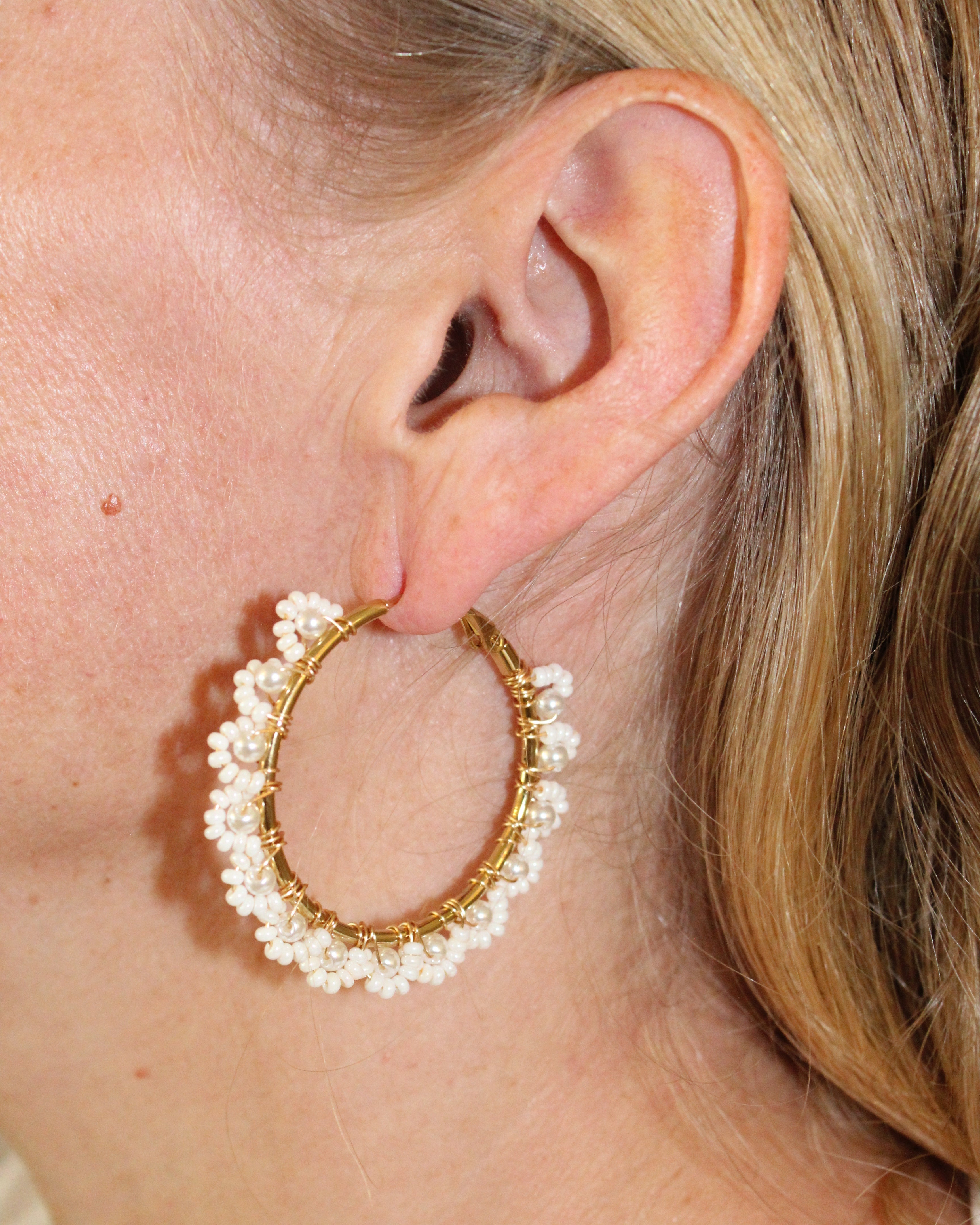 Beaded Hoop Earrings - White Lily