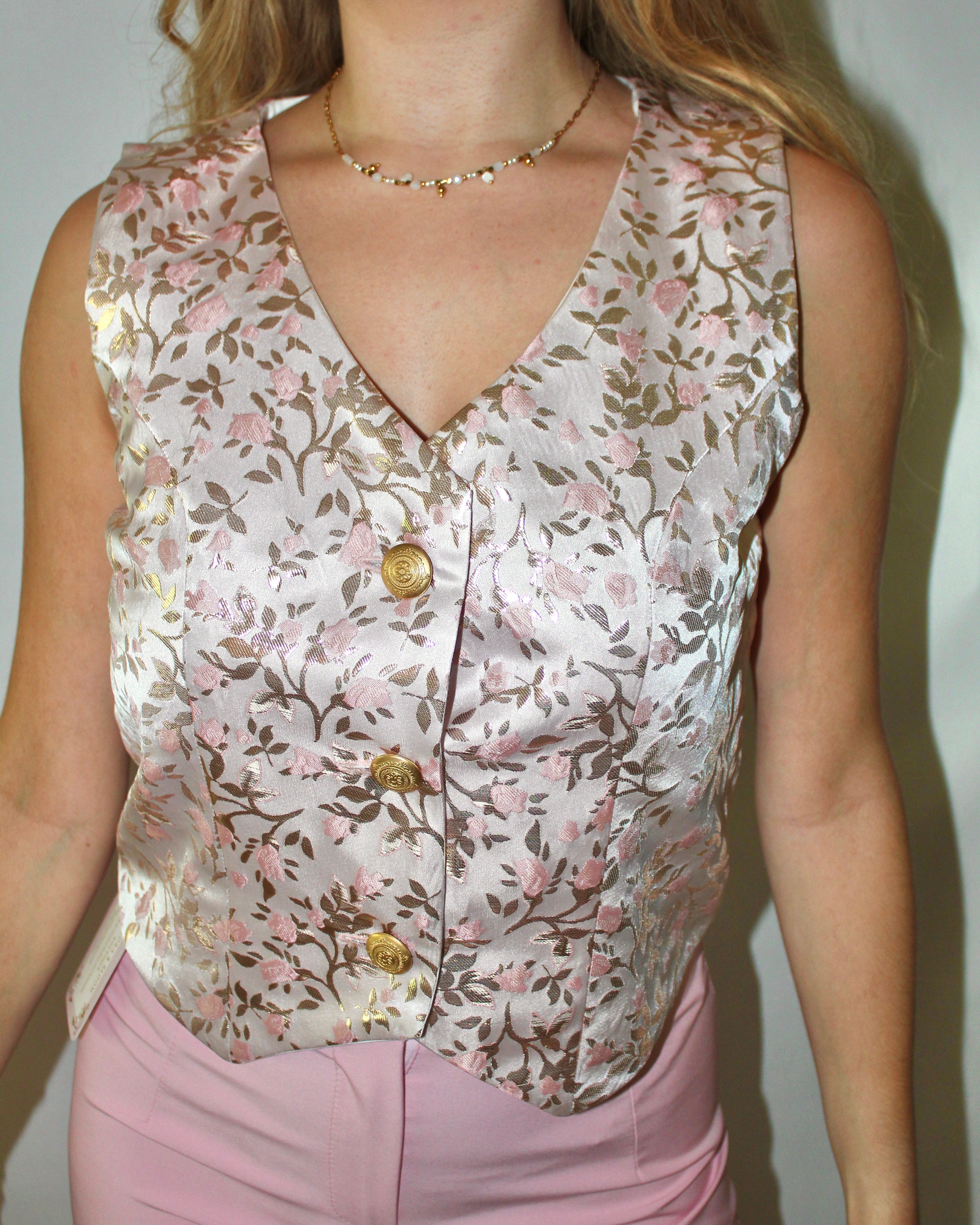 Pink Floral Brocade Vest